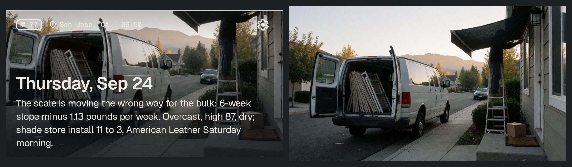 The same generated morning header twice, from the September 24 edition, before the panorama design: graded and matted at the top of the Dispatch brief on the left, ungraded and full-bleed in the viewer on the right.